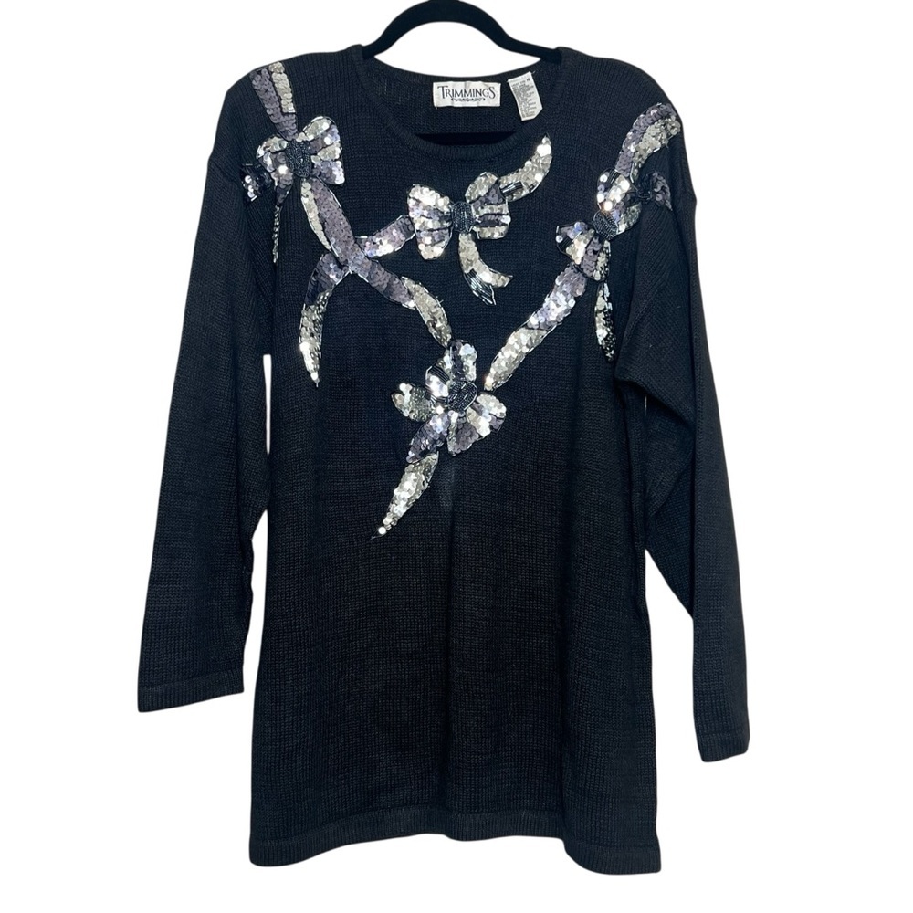 Vintage Trimmings Sweater Womens Medium Black Silver Sequins Bow Shoulder Pads